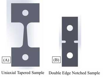 (a) Tapered uniaxial tension specimen and (b) double-edge notched specimen. 