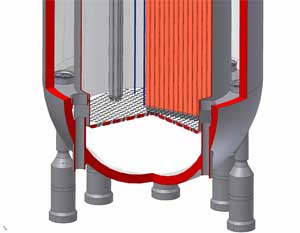 The bottom of the reactor vessel and circulation pumps 